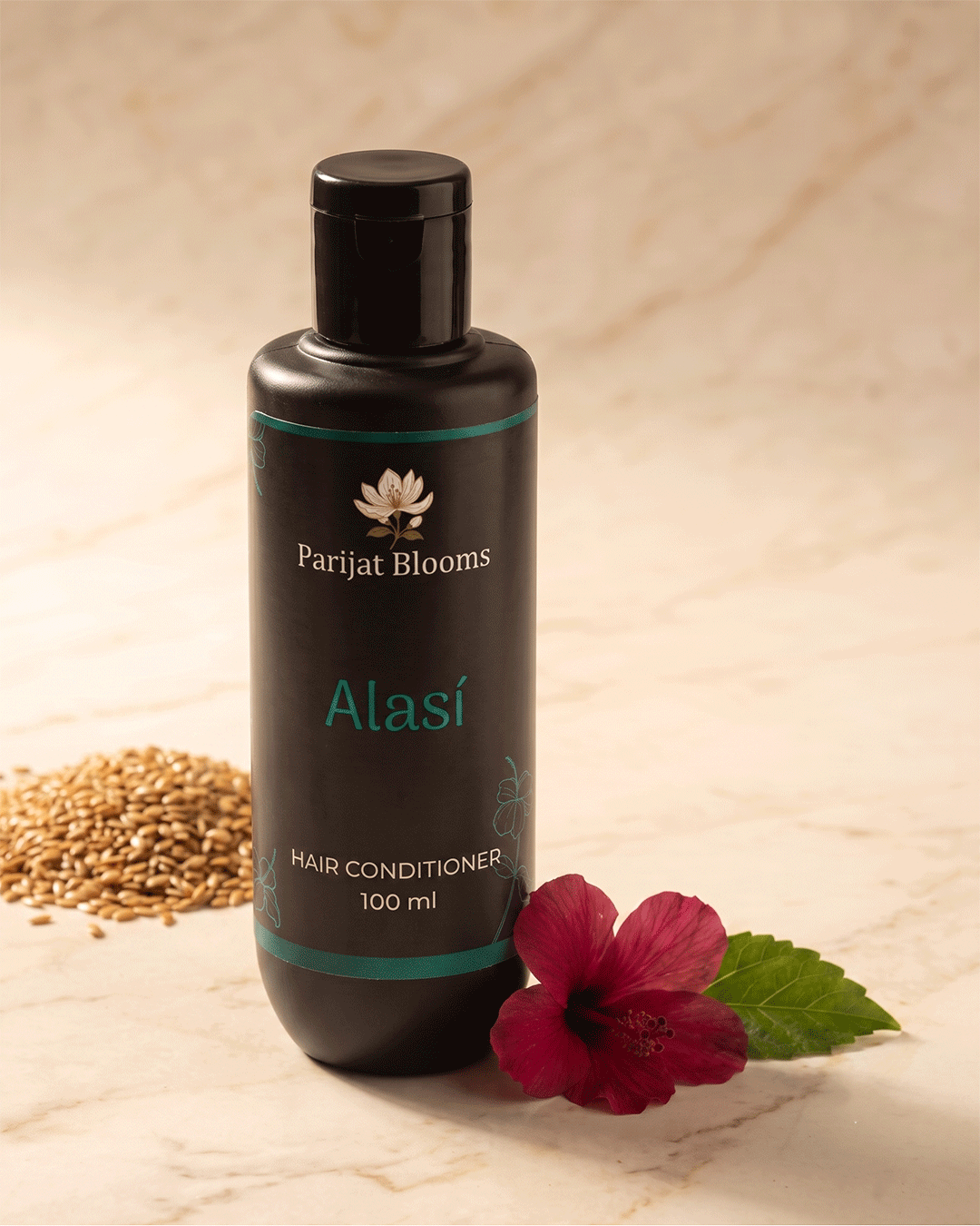 Alsi Flaxseed Hair Conditioner premium still life with flax seeds hibiscus — luxury Ayurvedic conditioner by Parijat Blooms India