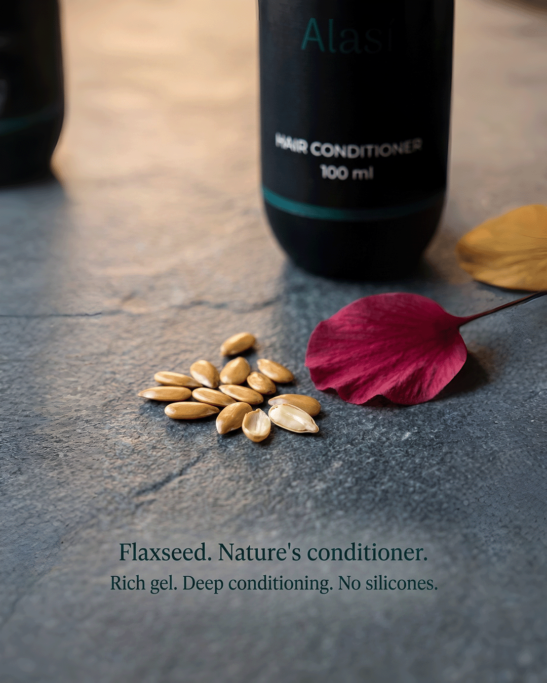 Alsi Flaxseed Hair Conditioner hero ingredient flax seeds hibiscus macro — deep conditioning frizz control hair strength shine natural conditioner Parijat Blooms