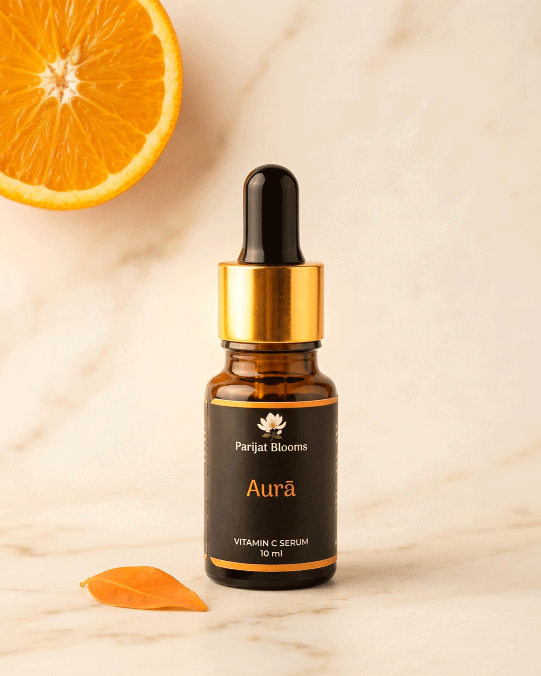 Aura Vitamin C Serum premium still life with vitamin c brightening — luxury Ayurvedic face serum by Parijat Blooms India