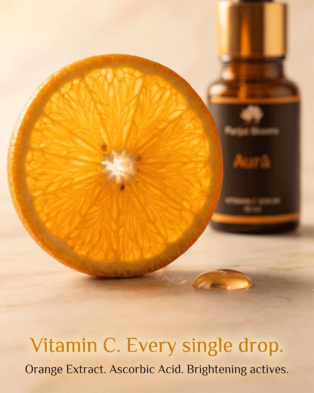 Aura Vitamin C Serum hero ingredient vitamin c brightening macro — skin brightening anti oxidant glow even skin tone natural face serum Parijat Blooms