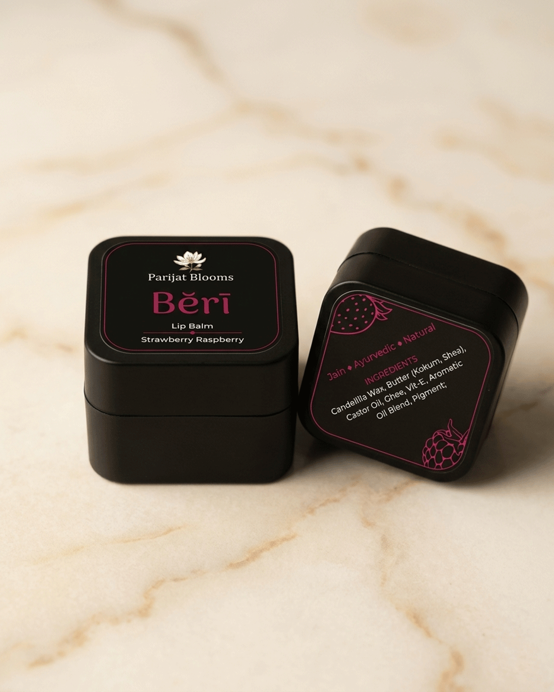 Beri Raspberry Strawberry Lip Balm label and packaging — Jain Vegan natural lip balm Parijat Blooms