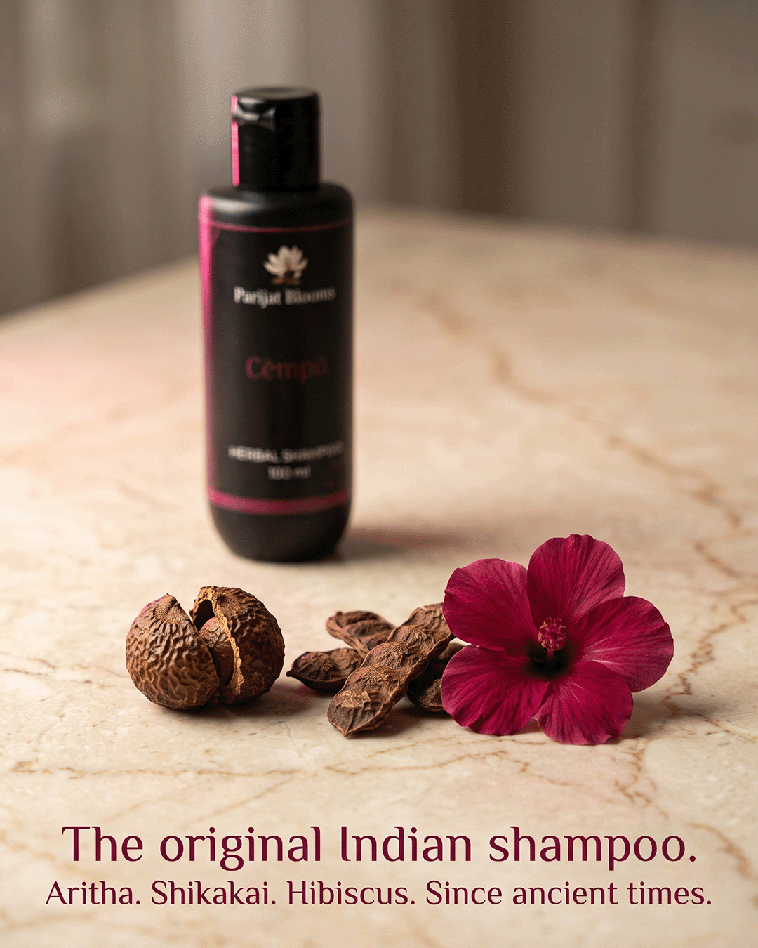 Cempo Herbal Shampoo hero ingredient aritha shikakai hibiscus macro — natural cleanse hair strength scalp balance shine natural shampoo Parijat Blooms