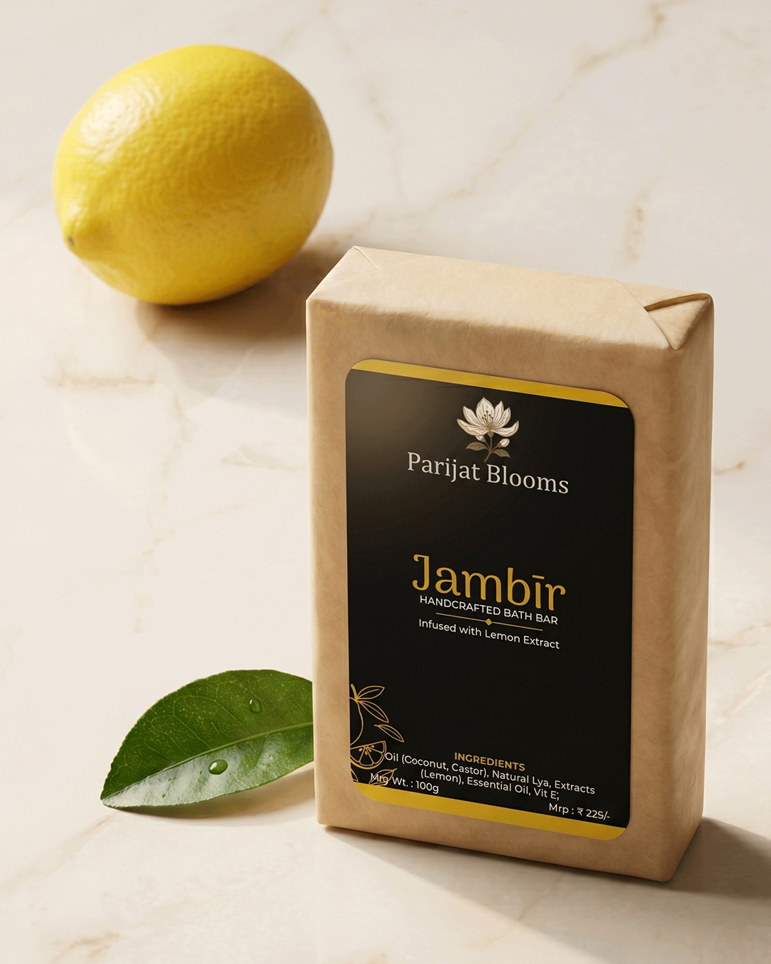 Jambir Handcrafted Bath Bar premium still life with lemon essential oil — luxury Ayurvedic soap by Parijat Blooms India