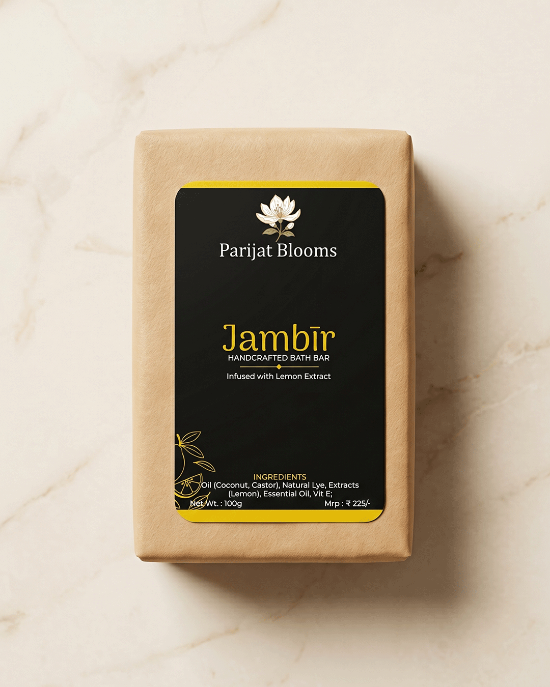 Jambir Handcrafted Bath Bar label and packaging — Jain Vegan natural soap Parijat Blooms