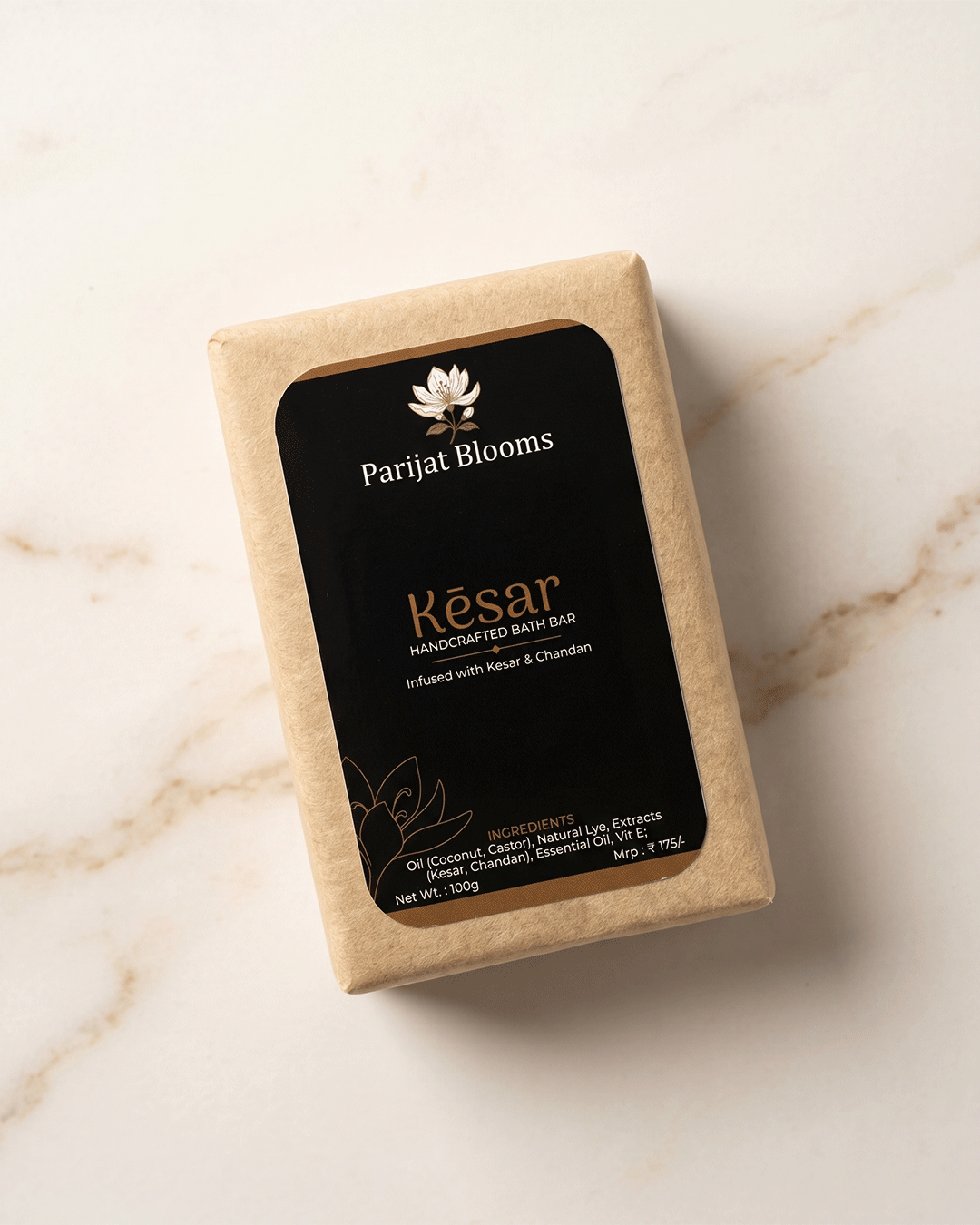 Kesar Handcrafted Bath Bar label and packaging — Jain Vegan natural soap Parijat Blooms