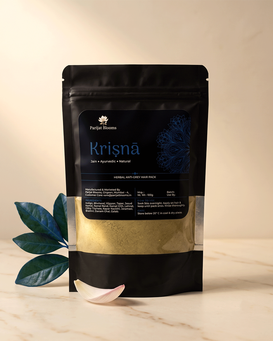 Krishna Hair Pack premium still life with amla henna indigo — luxury Ayurvedic hair pack by Parijat Blooms India