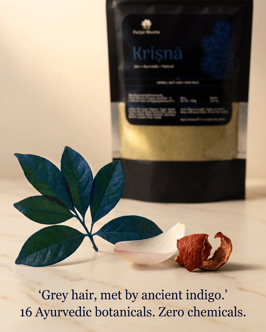 Krishna Hair Pack hero ingredient amla henna indigo macro — hair darkening strength anti grey scalp nourishment natural hair pack Parijat Blooms