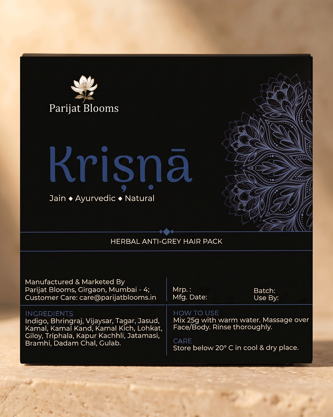 Krishna Hair Pack label and packaging — Jain Vegan natural hair pack Parijat Blooms