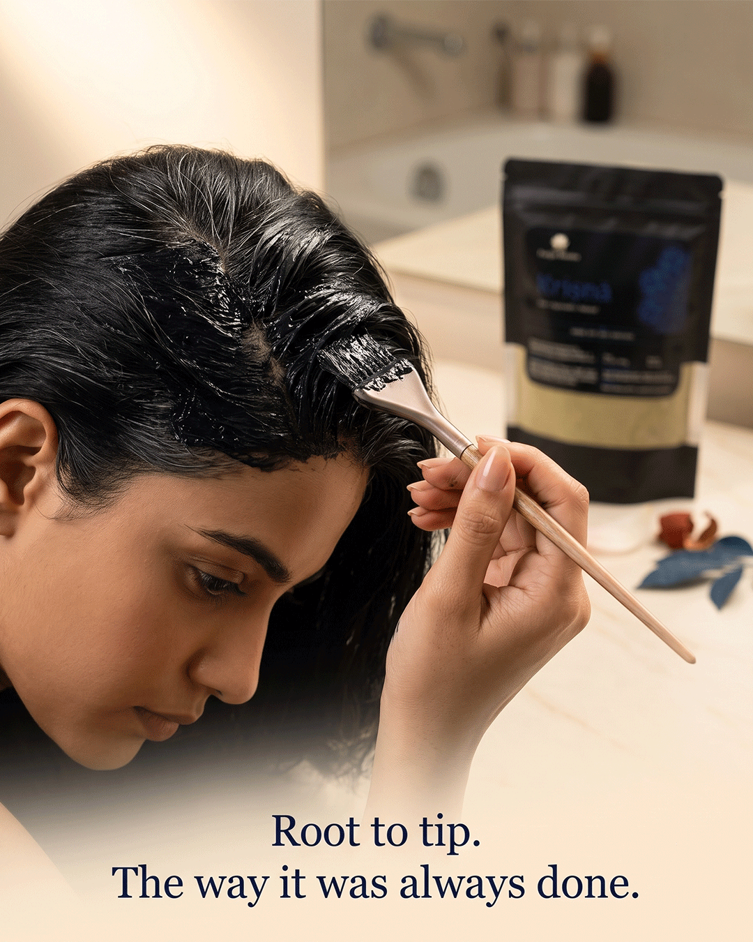 Krishna Hair Pack Ayurvedic ritual hair pack in use — hand holding hair pack Parijat Blooms India