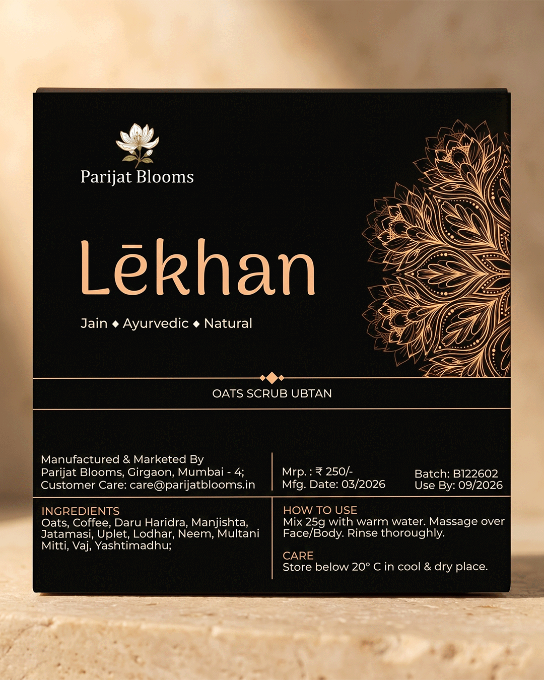 Lekhan Coffee Oat Skin Mask Ubtan label and packaging — Jain Vegan natural ubtan skin mask Parijat Blooms