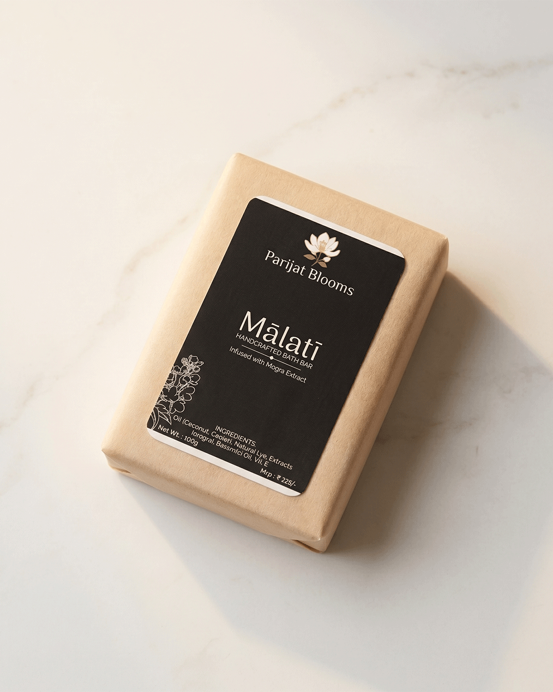 Malati Handcrafted Bath Bar label and packaging — Jain Vegan natural soap Parijat Blooms