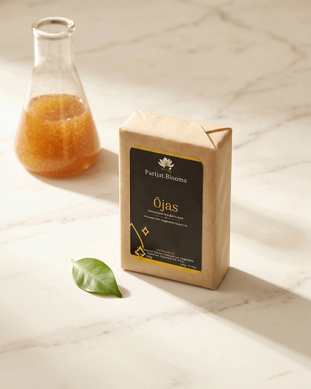 Ojas Handcrafted Bath Bar premium still life with coconut castor vegetable — luxury Ayurvedic soap by Parijat Blooms India
