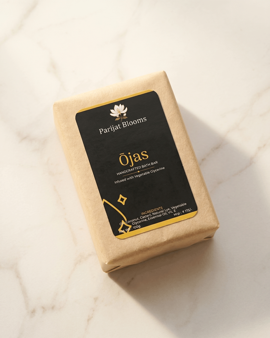 Ojas Handcrafted Bath Bar label and packaging — Jain Vegan natural soap Parijat Blooms