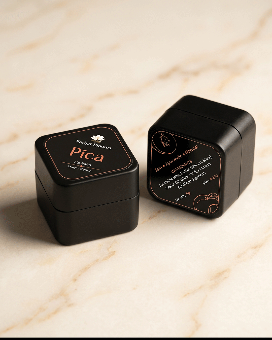 Pica Peach Lip Balm label and packaging — Jain Vegan natural lip balm Parijat Blooms