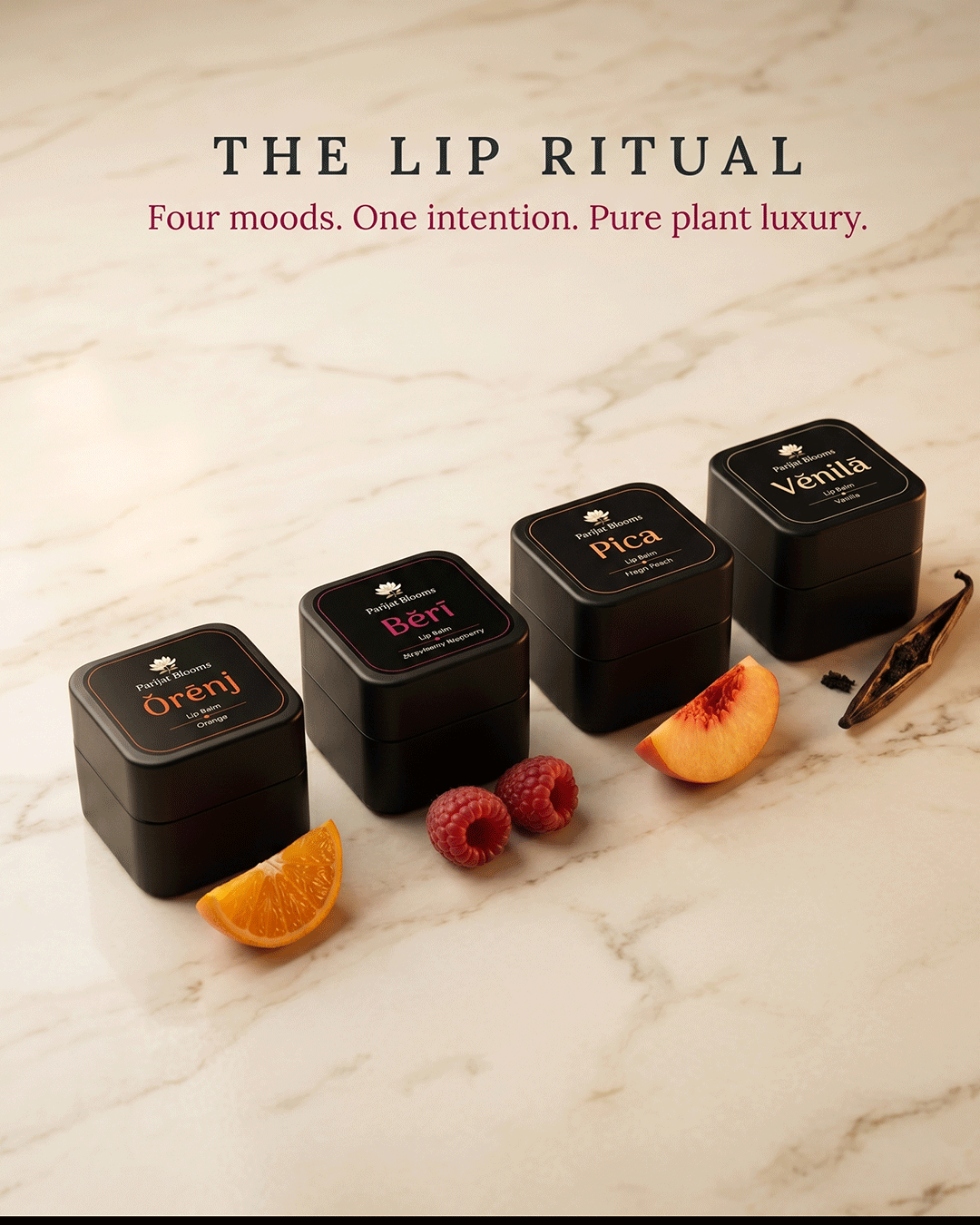 Parijat Blooms lip balm ritual range — Pica Peach Lip Balm and complementary products skincare routine India