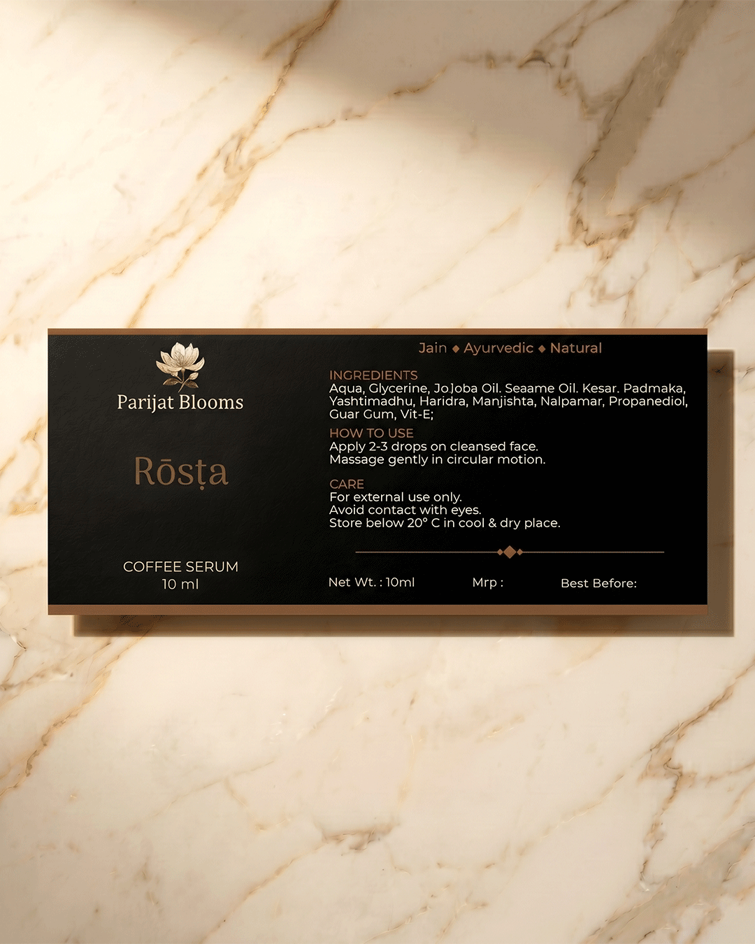 Rosta Coffee Face Serum label and packaging — Jain Vegan natural face serum Parijat Blooms