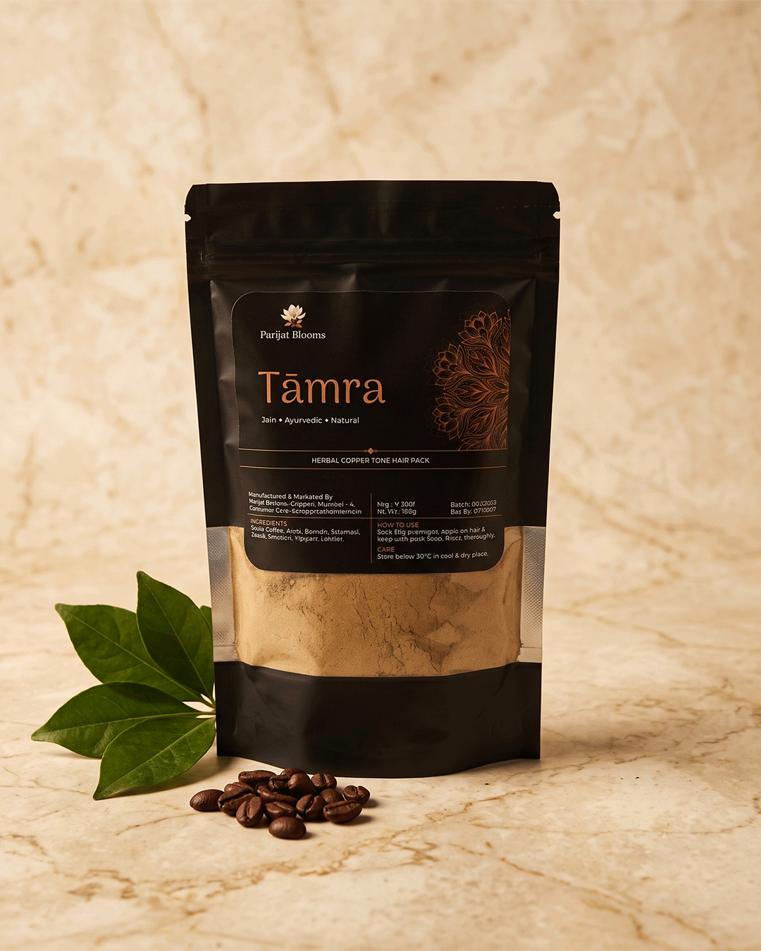 Tāmra Copper Tone Hair Pack with henna leaves and coffee beans — Ayurvedic hair colour by Parijat Blooms India