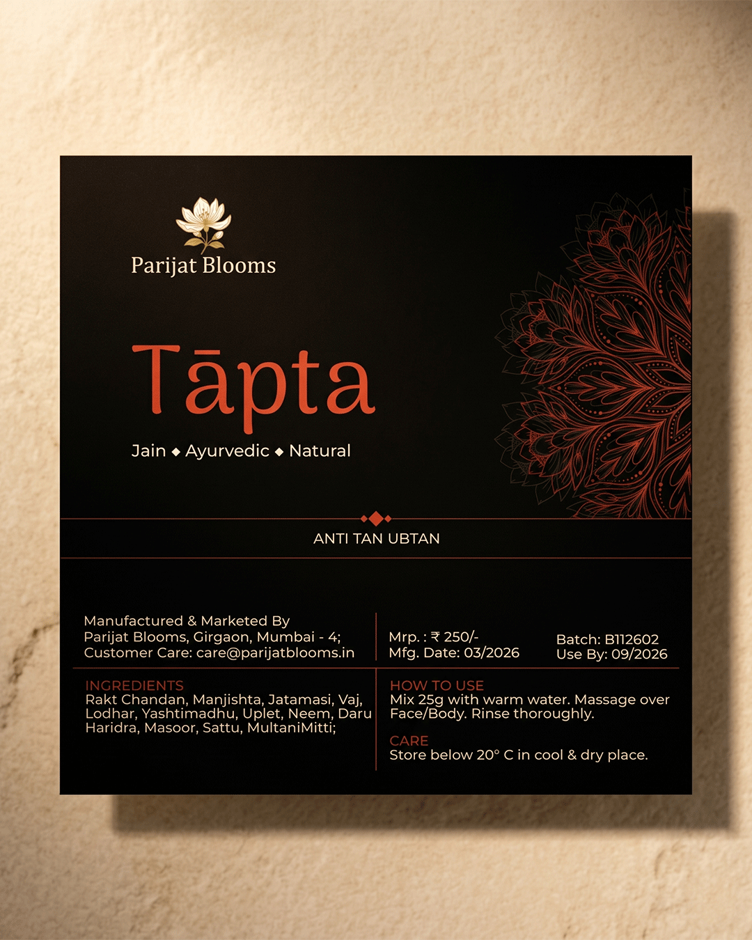 Tapta Red Sandalwood Ubtan Skin Mask label and packaging — Jain Vegan natural ubtan skin mask Parijat Blooms
