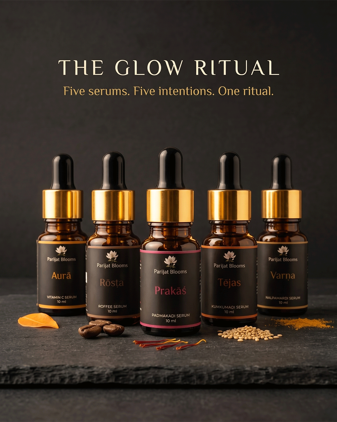 Parijat Blooms face serum ritual range — Tejas Kumkumadi Face Serum and complementary products skincare routine India
