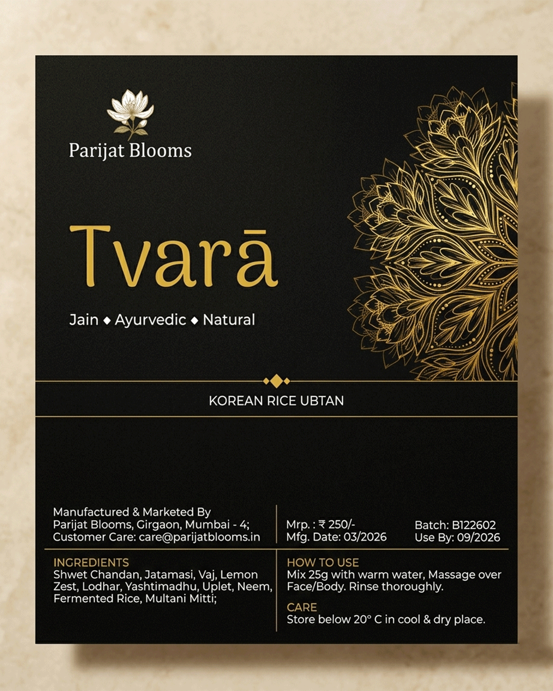 Tvara Korean Rice Ubtan Skin Mask label and packaging — Jain Vegan natural ubtan skin mask Parijat Blooms