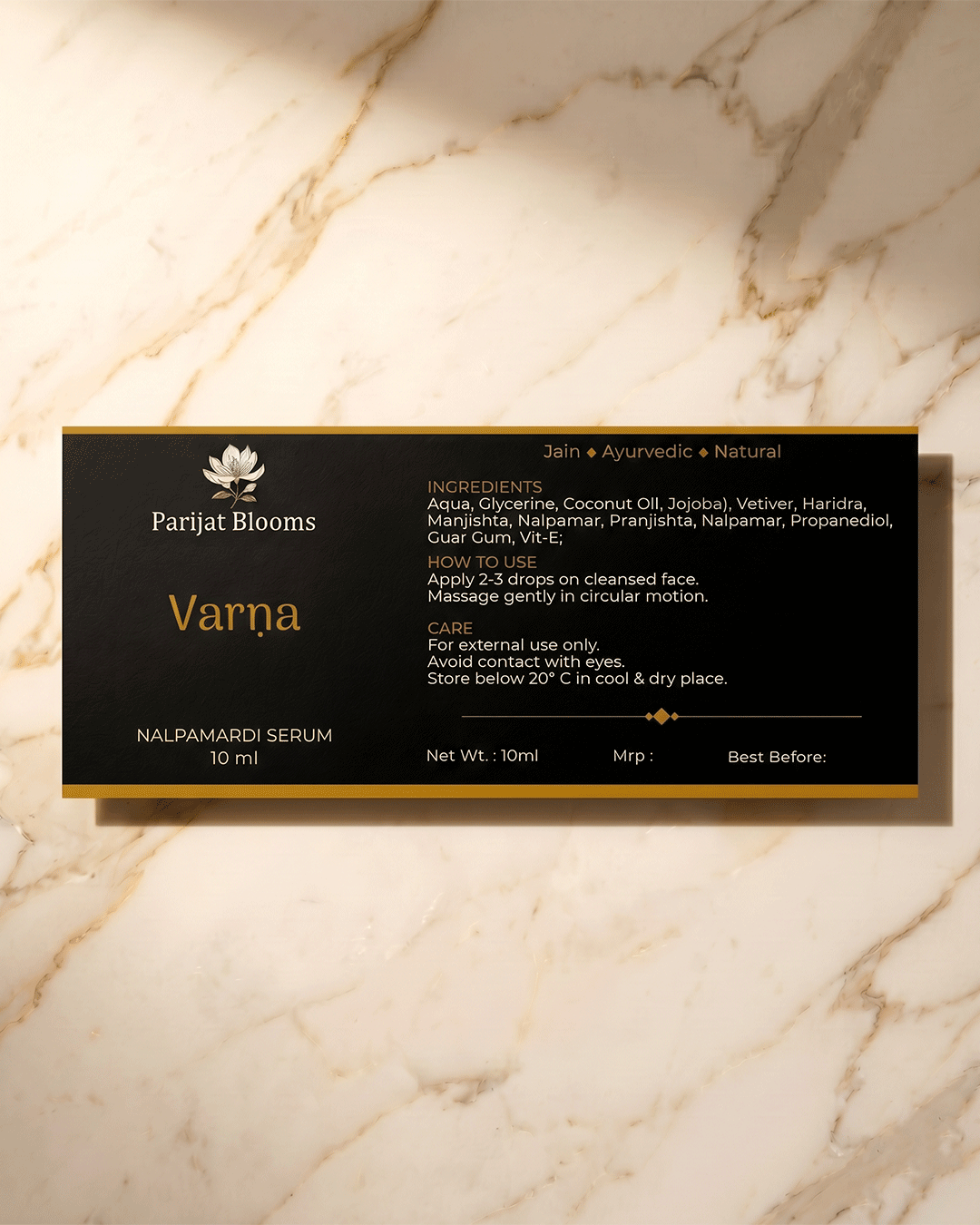 Varna Nalpamaradi Face Serum label and packaging — Jain Vegan natural face serum Parijat Blooms