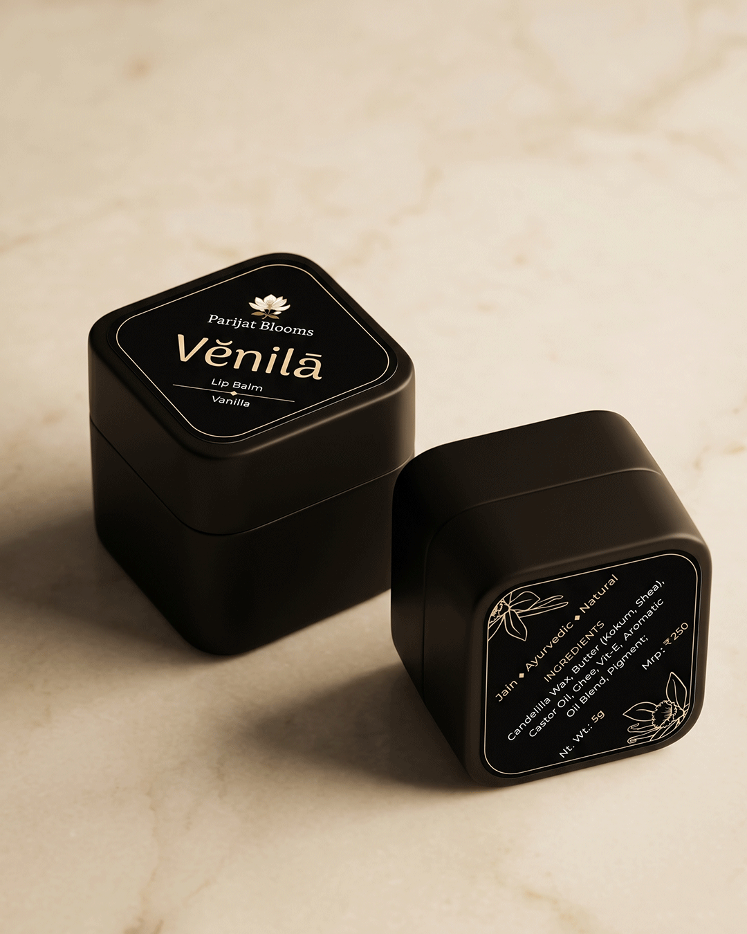 Venila Vanilla Lip Balm label and packaging — Jain Vegan natural lip balm Parijat Blooms
